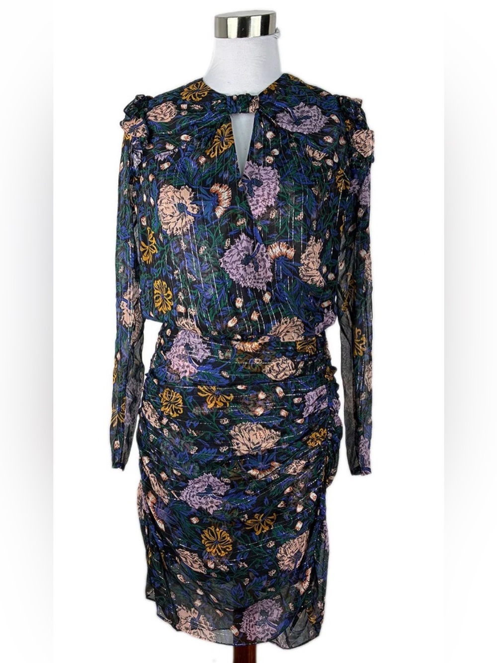 Veronica Beard Navy Floral Long-Sleeve Ruched Tie-Neck Dress
